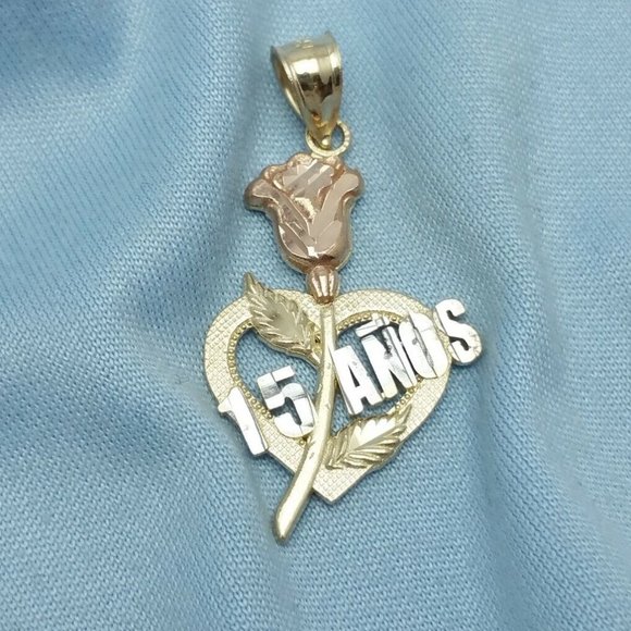 Beautiful 14K Karat Tri Tone Multi Color Gold Floral "15" Anos Heart Charm